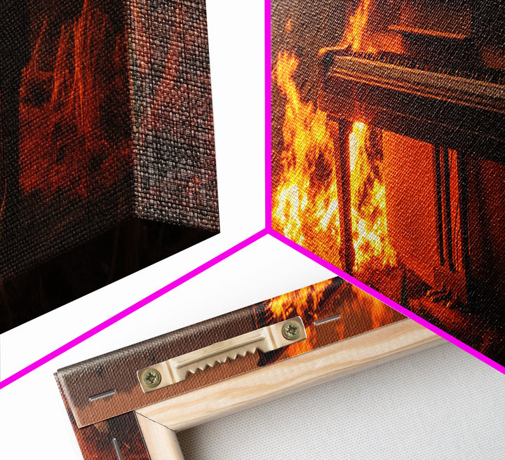 Urban Decay, Street Punk Art, Framed Canvas Print, Burning Grand Piano In A Field at Sunset, Dystopian Decor