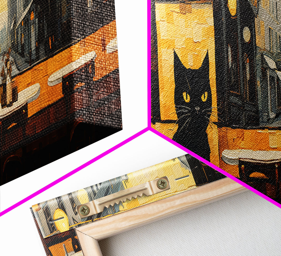 The Cat In The Cafe, Framed Canvas Print, Black Cat Painting Framed Wall Art, Cat Lover Gift
