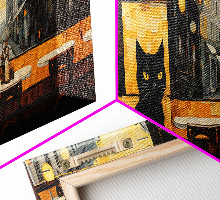 The Cat In The Cafe, Framed Canvas Print, Black Cat Painting Framed Wall Art, Cat Lover Gift
