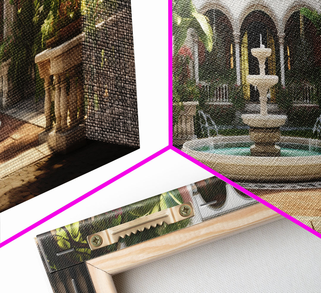 The Court Yard With The Marble Fountain, Framed Canvas Print, Watercolor Painting Framed Wall Art