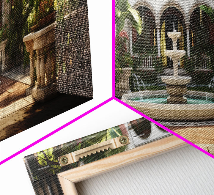The Court Yard With The Marble Fountain, Framed Canvas Print, Watercolor Painting Framed Wall Art