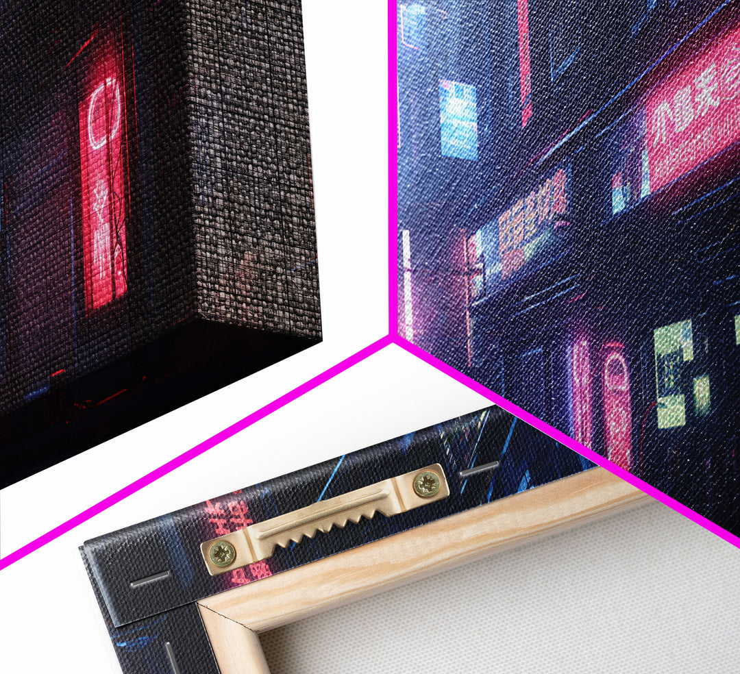 Neon Tokyo Streets, Futuristic Cyberpunk Cityscape Painting Framed Canvas Print, Game Room Decor, Framed Wall Art