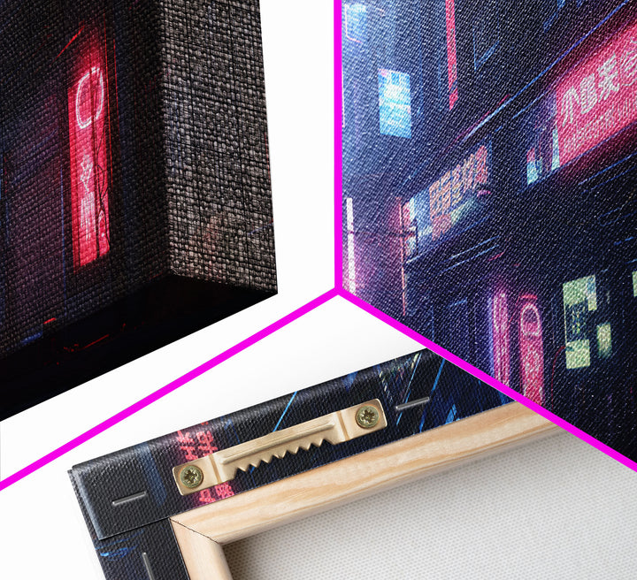 Neon Tokyo Streets, Futuristic Cyberpunk Cityscape Painting Framed Canvas Print, Game Room Decor, Framed Wall Art