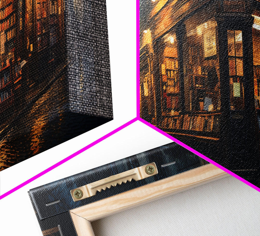 The Book Shop in Paris, Framed Canvas Print, Paris On A Rainy Night, Living Room Decor, Victorian Oil Painting