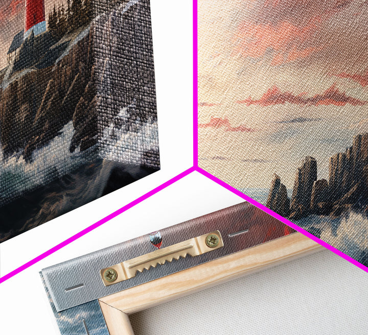 Lighthouse On A Rocky Cliff At Sunset, Framed Canvas Print / Wall Art, Watercolor Painting of a Nautical Scene