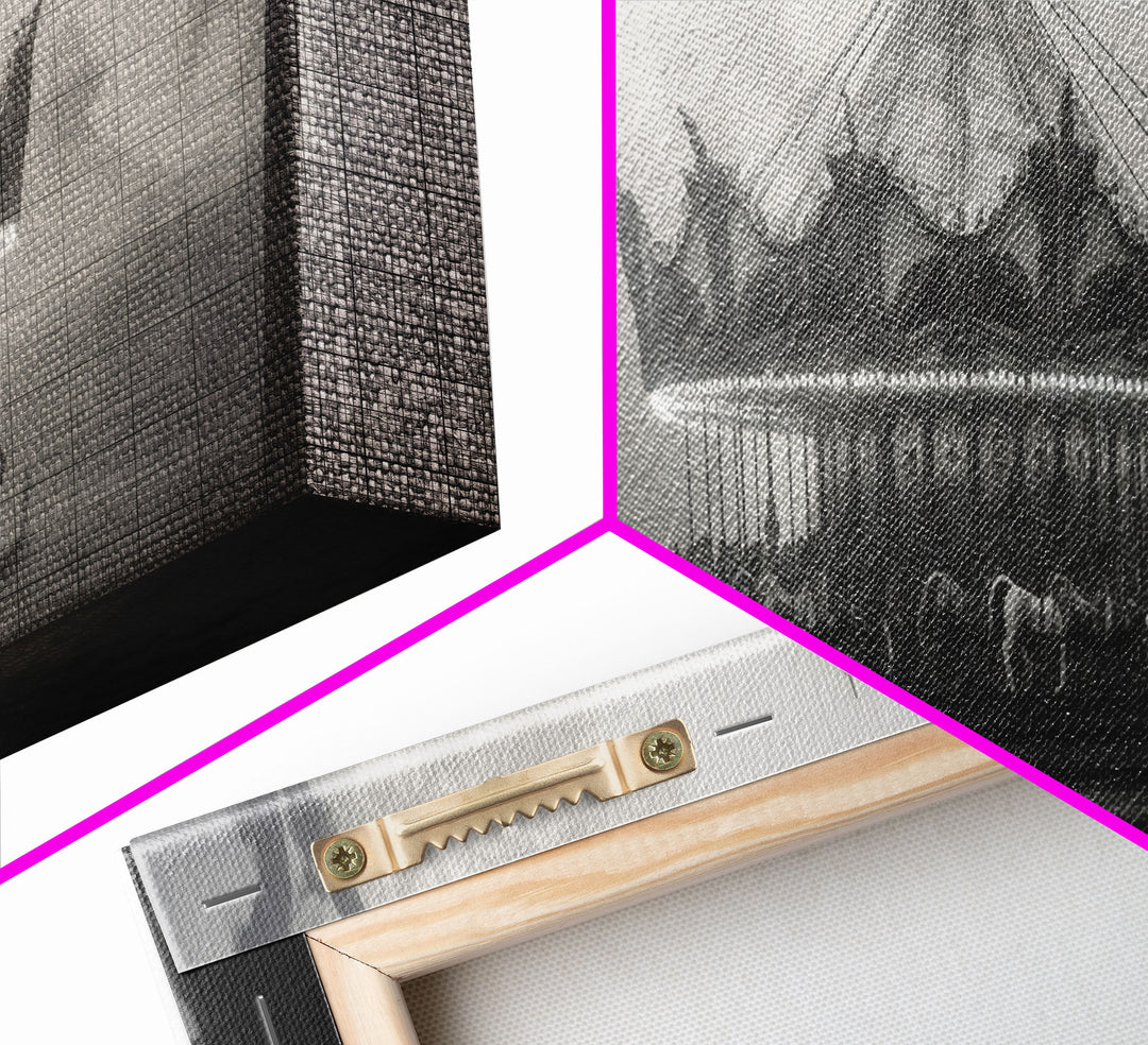 Creepy Carousel / Merry Go Round Wall Art, Framed Canvas Print, Black And White Art