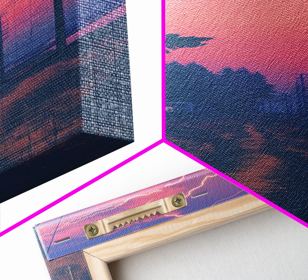 Lightning At Sunset, Framed Canvas Print, Vaporwave Aesthetic Wall Art, Liminal Spaces Photography Print, Dorm Room Decor, Retro Art