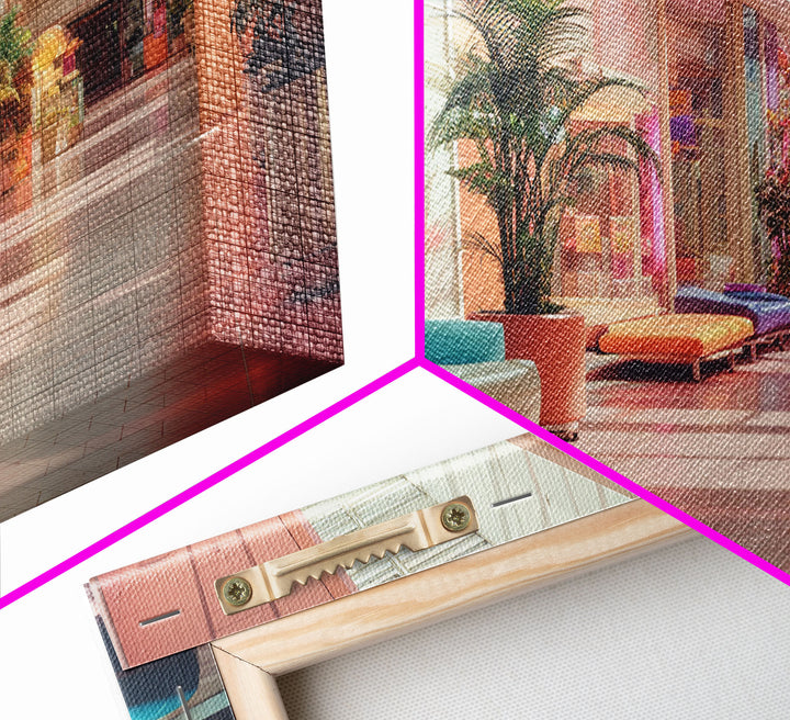 The Mall Before Opening On A Saturday Morning, Framed Canvas Print, Retro Vaporwave Aesthetic 1980s Vibes Wall Art