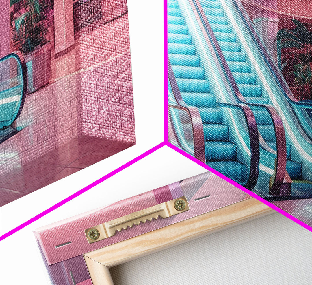 The Mall Before Opening On A Saturday Morning, Framed Canvas Print, Retro Vaporwave Aesthetic 1980s Vibes Wall Art