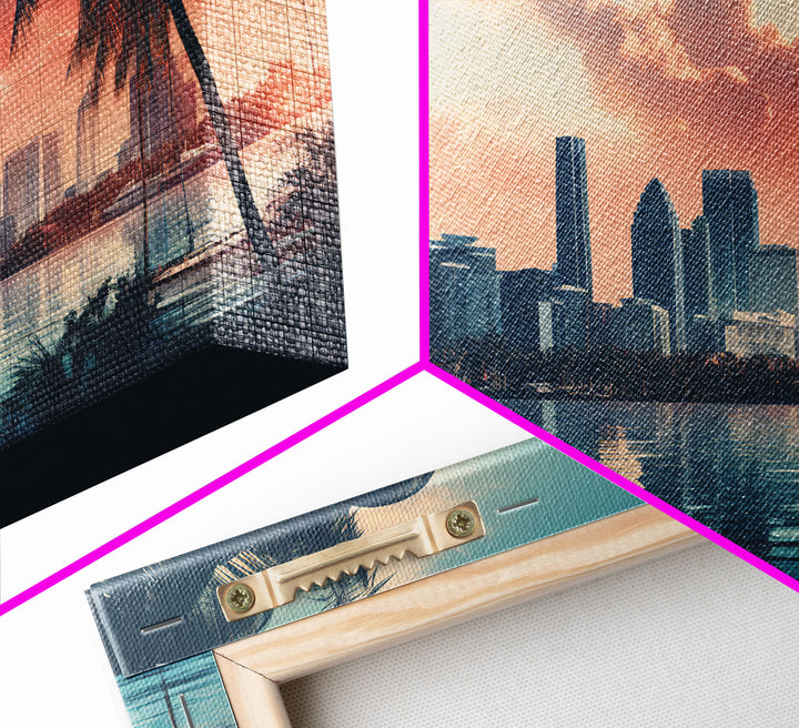 Miami Skyline At Sunrise, Framed Canvas Print, Vaporwave Aesthetic Wall Art, Framed Canvas Art, 1980s Art, Retro Decor