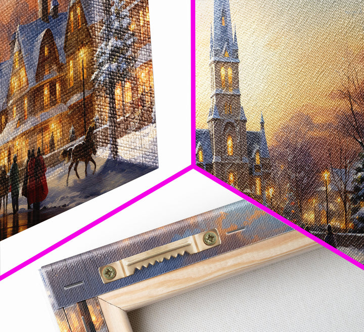 Christmas Centerpiece Wall Art - Framed Canvas Print - Winter Wonderland Victorian Village Decorated for Christmas Canvas Wall Art - Vintage
