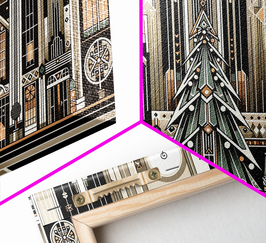 Art Deco Pattern Christmas Village - Framed Canvas Print - Retro Xmas Art - Christmas Decor - Christmas Wall Art - Christmas Art