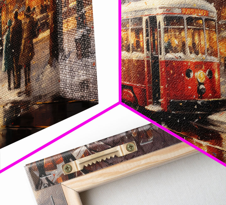 Retro Red Trolley Car Decorated For Christmas, Framed Canvas Print, Christmas Wall Art, Christmas Decor Mom Christmas Gift Christmas Village