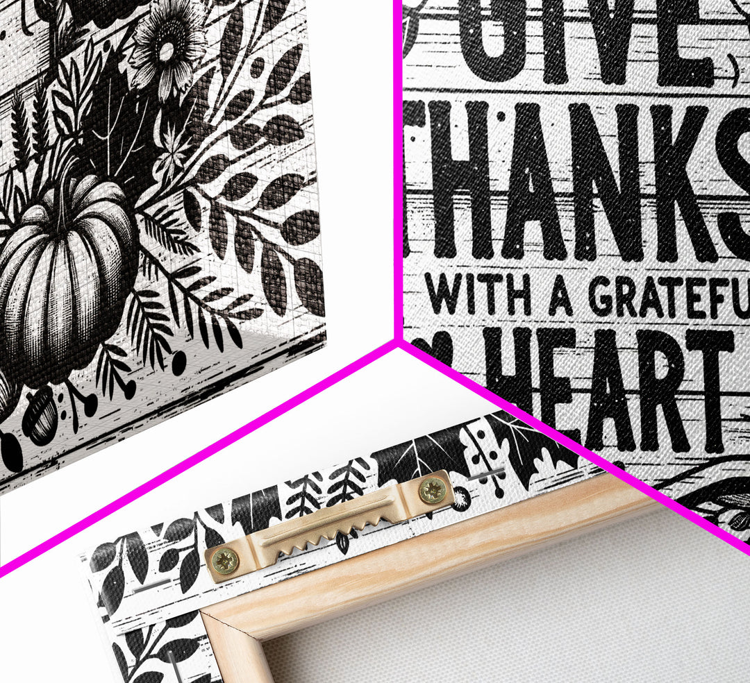 Give Thanks With A Grateful Heart Modern Farmhouse Wall Decor, Dining Room Wall Sign Kitchen Decor Large Framed Canvas Print, Fall Wall Art