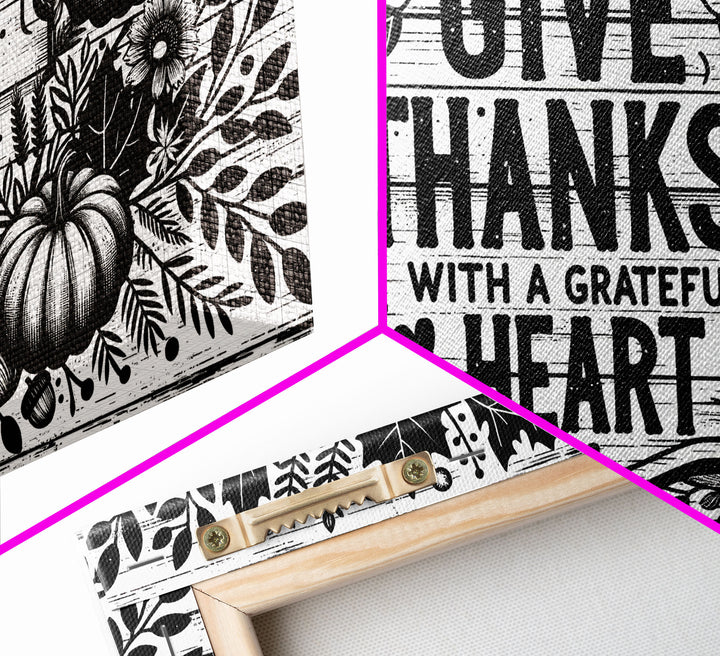 Give Thanks With A Grateful Heart Modern Farmhouse Wall Decor, Dining Room Wall Sign Kitchen Decor Large Framed Canvas Print, Fall Wall Art