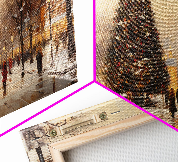 Cute Christmas Village Art, Christmas Decor, Framed Canvas Print, Holiday Painting, Seasonal Decor, Christmas Tree Art Christmas Centerpiece