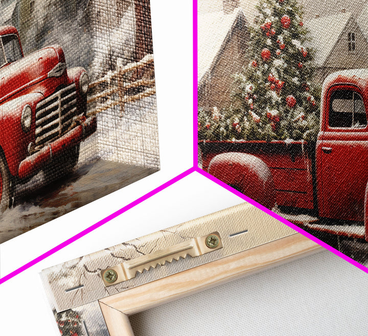 Vintage 1950s Red Truck Delivering Christmas Trees In The Snow - Framed Canvas Print - Farmhouse Christmas Decor - Retro Christmas