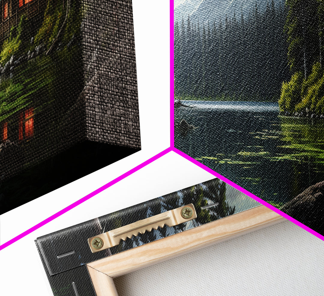 Cozy Cabin on The Lake, Framed Canvas Print, Farmhouse Decor, Landscape Painting, Unique Wall Art