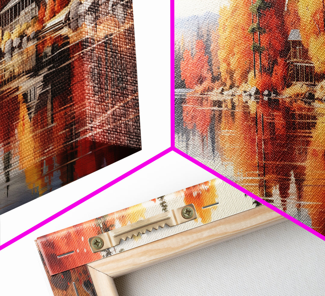 Autumn Cozy Cabin on The Lake, Framed Canvas Print, Farmhouse Decor, Landscape Painting, Unique Wall Art, Fall Decor