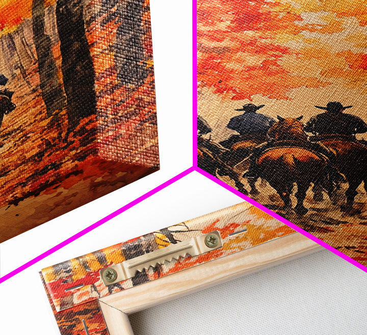 Cowboys Riding Into Town On Thanksgiving, Western Fall Decor, Framed Canvas Print, Autumn Outdoor Decor, Christmas poster