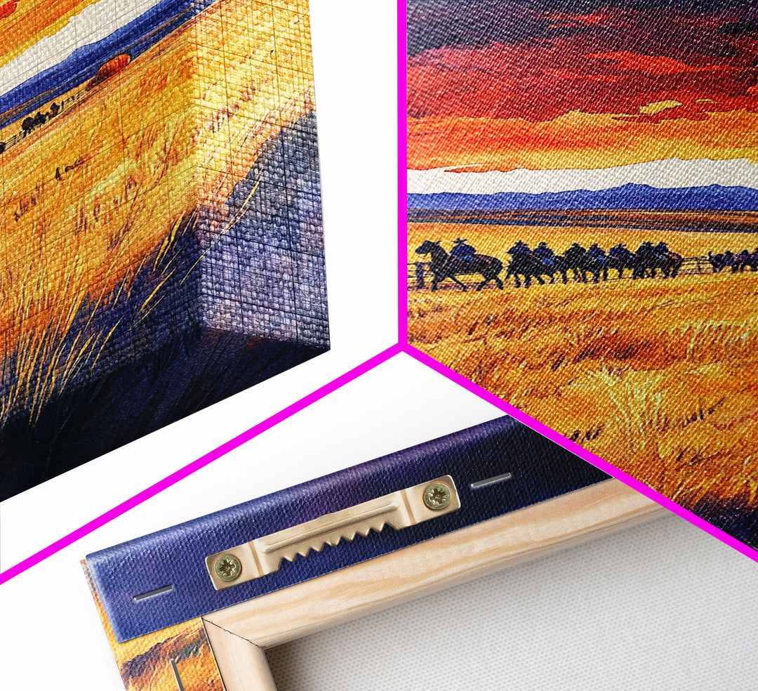 The Cattle Drive At Sunset, Framed Canvas Print, Autumn Decor, Beautiful Sunset Wall Art Painting