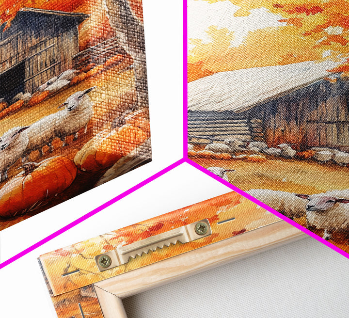 The Sheep Farm In Fall Framed Canvas Print, Farmhouse Decor, Boho Painting Wall Art