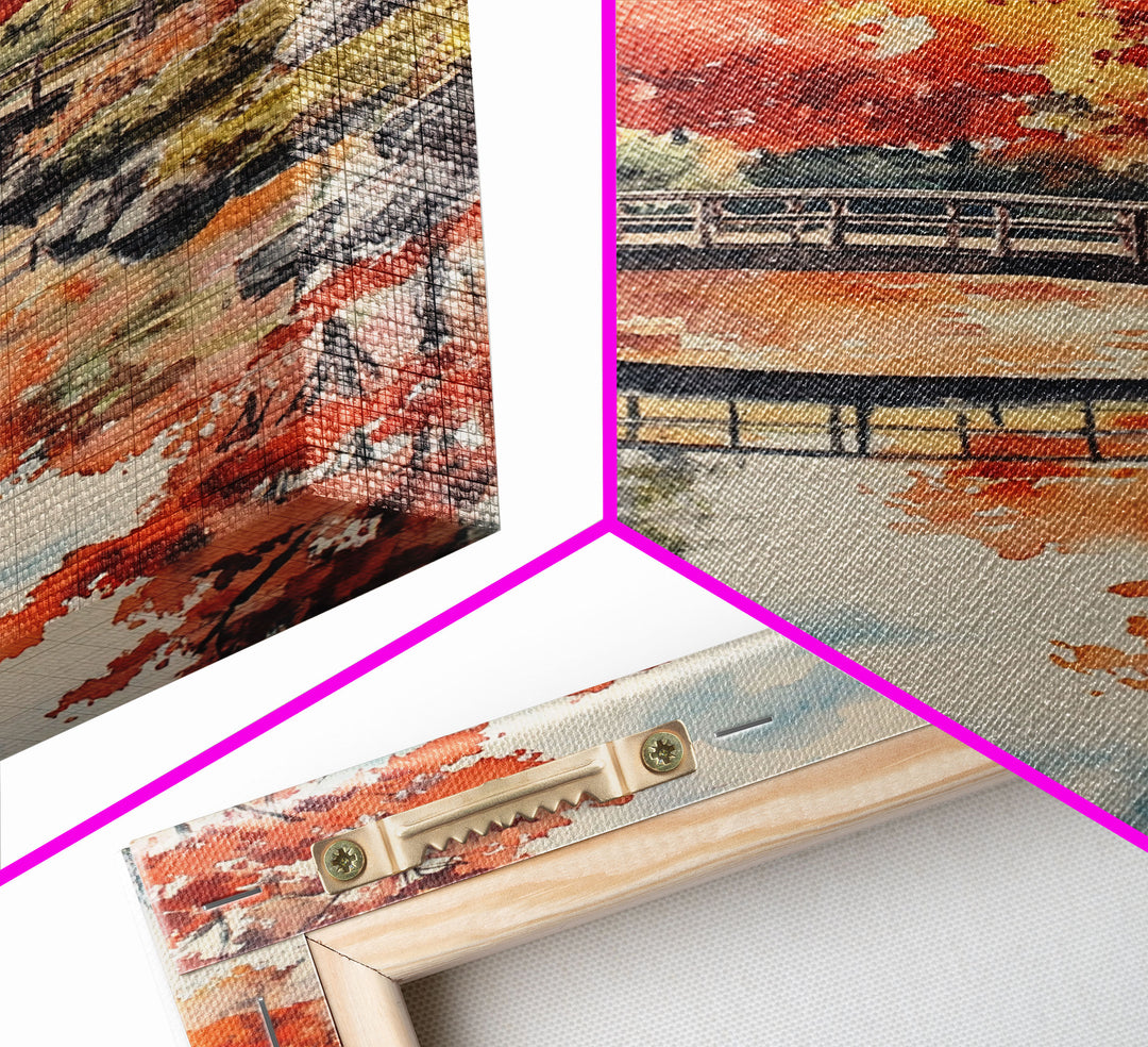 The Fall Bridge, Framed Canvas Print, Autumn Decor, Holiday / Seasonal Wall Art Gift For Her, Moody Landscape