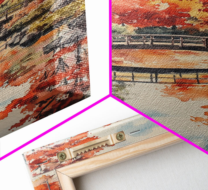 The Fall Bridge, Framed Canvas Print, Autumn Decor, Holiday / Seasonal Wall Art Gift For Her, Moody Landscape