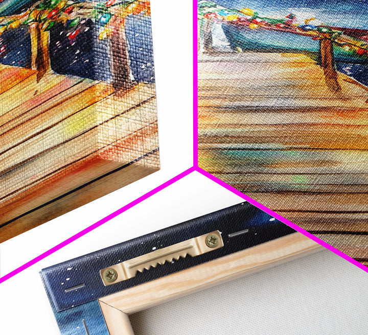 Lakeside Dock Decorated For Christmas, Nautical Christmas Wall Art Canvas Print, Farmhouse Christmas, Lake House Christmas Art