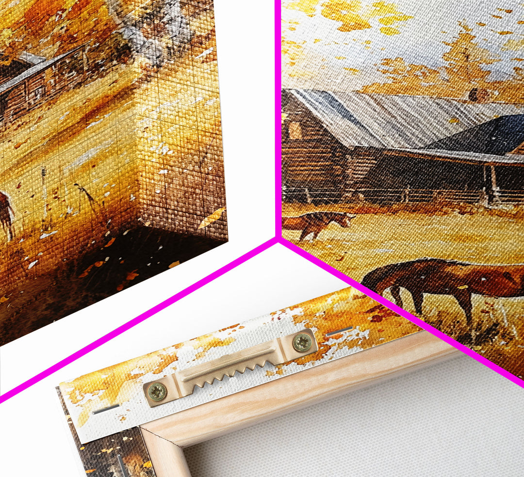 Log Cabin and Horses In The Fall, Wood Framed Wall Art, Primitive Thanksgiving Home Decor, Living Room Art