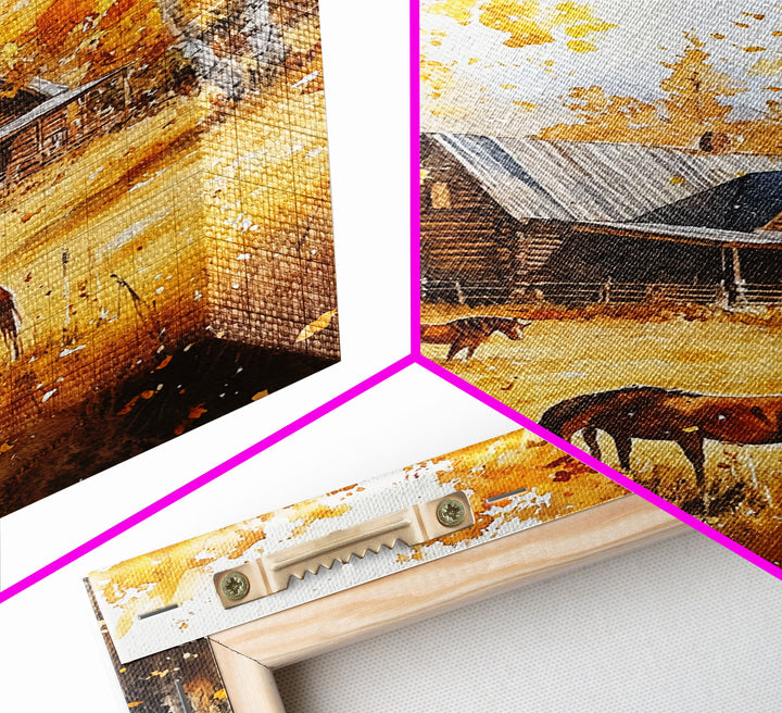 Log Cabin and Horses In The Fall, Wood Framed Wall Art, Primitive Thanksgiving Home Decor, Living Room Art