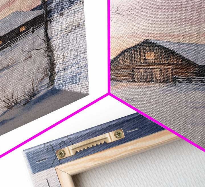 Barn In The Winter, Framed Canvas Print, Winter Landscape Print, Rustic Christmas Art, Primitive Decor