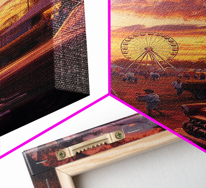 Rustic Country Fair at Sunset, Carnival Ferris Wheel and Warm Autumn Colors, Framed Canvas Print for Seasonal Home Decor