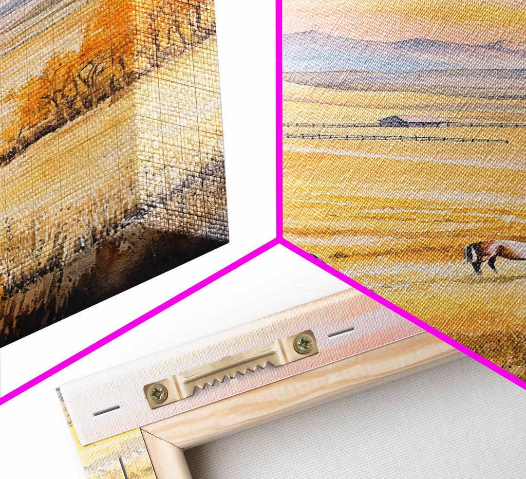 Horses Grazing In Golden Fields Framed Canvas Print Autumn Country Landscape Best Gift Holiday Wall Art Farmhouse Christmas Decor