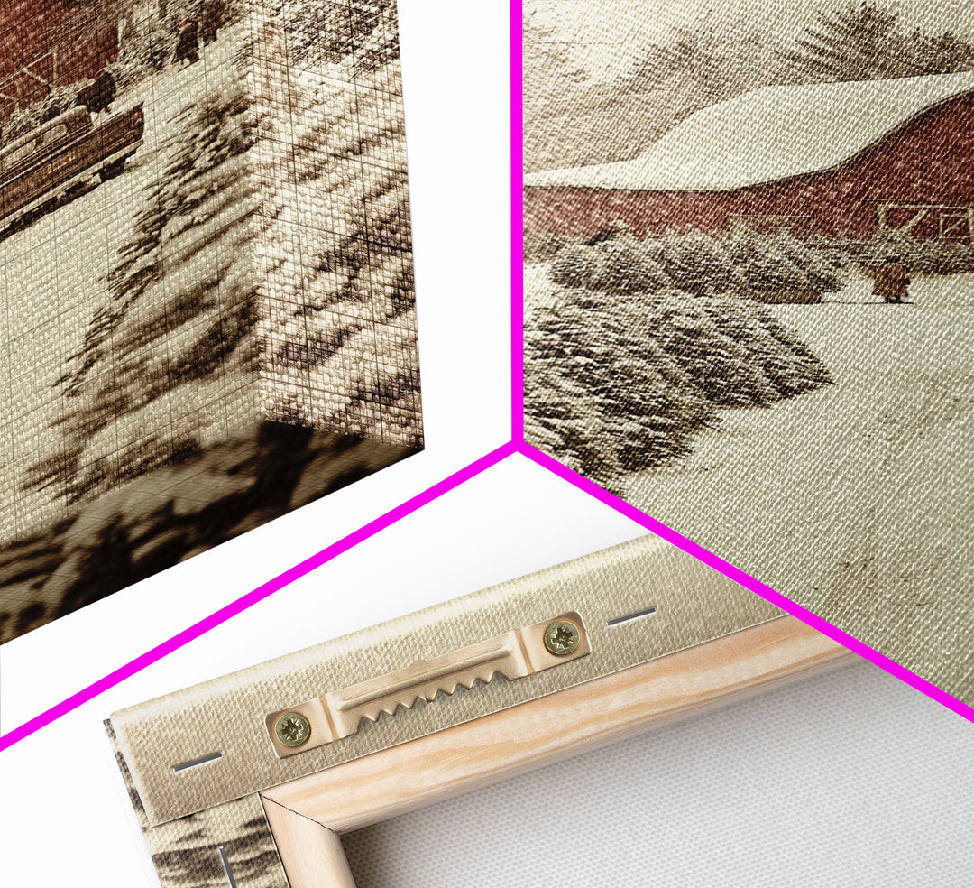 Snowy Farmhouse Christmas Scene with Red Barn and Vintage Truck, Perfect for Framed Canvas Print and Rustic Christmas Wall Art