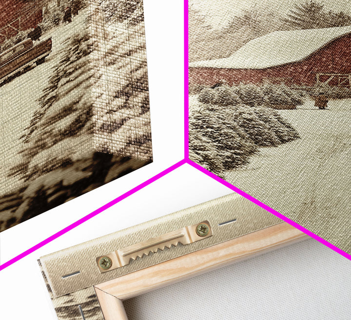 Snowy Farmhouse Christmas Scene with Red Barn and Vintage Truck, Perfect for Framed Canvas Print and Rustic Christmas Wall Art