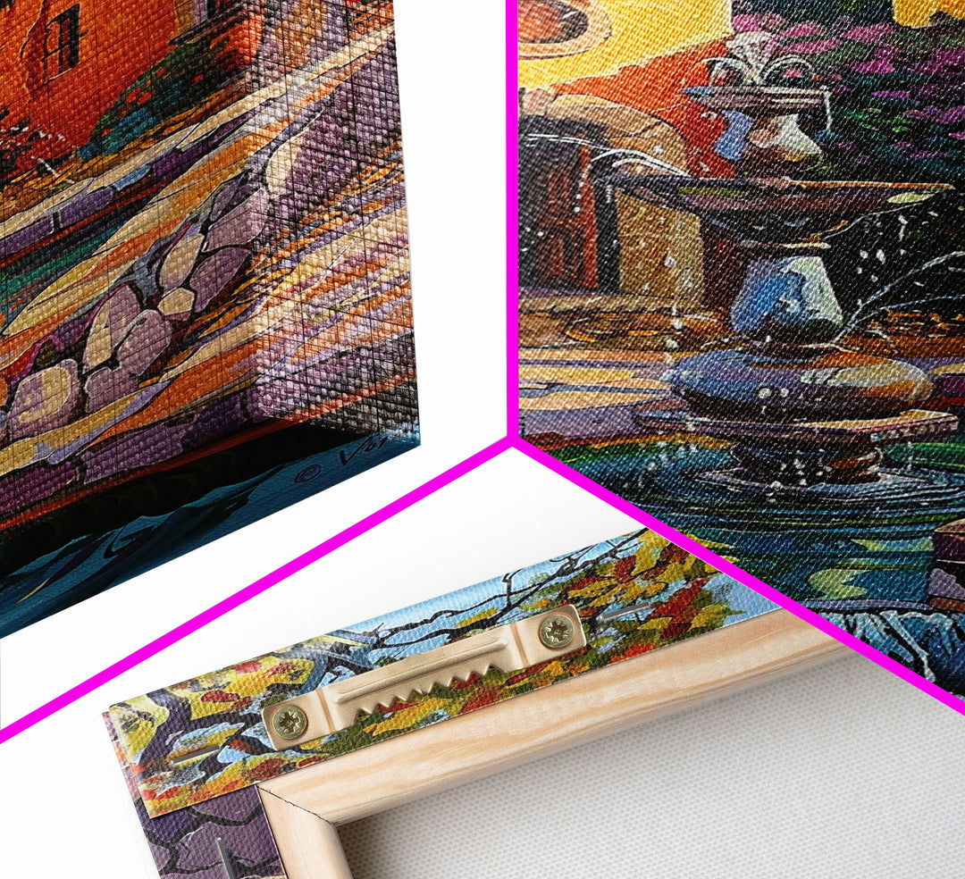 Mexican Style Framed Canvas Print Tall Art Vibrant Outdoor Fountain Scene With Colorful Architecture
