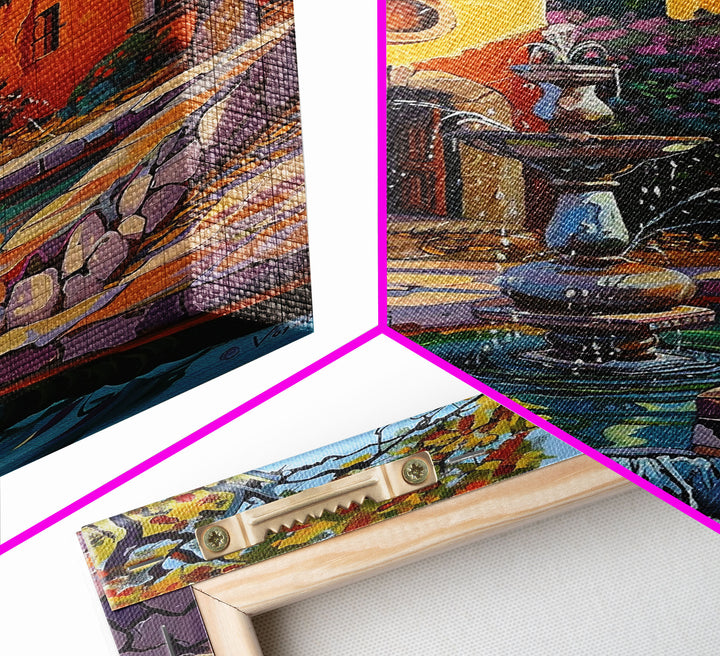 Mexican Style Framed Canvas Print Tall Art Vibrant Outdoor Fountain Scene With Colorful Architecture