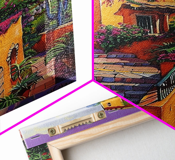 Framed Canvas Print Tall Art Mexican Style Scenic Steps Lined With Colorful Flowers And Architecture