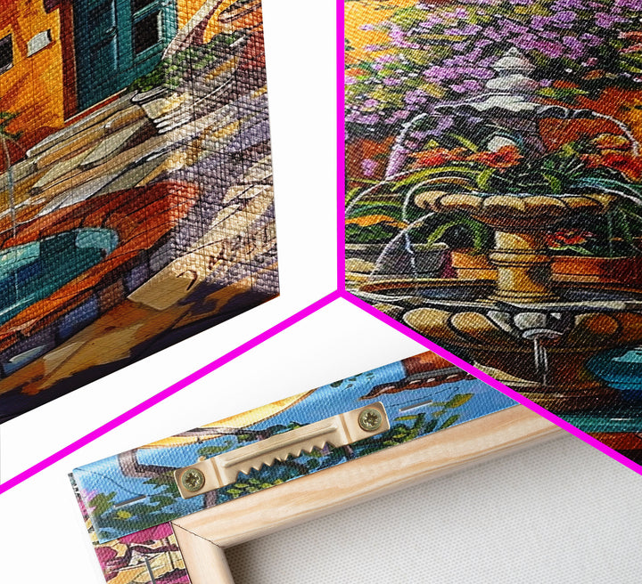 Tall Art Framed Canvas Print Featuring Mexican Style Courtyard Fountain And Vibrant Architecture