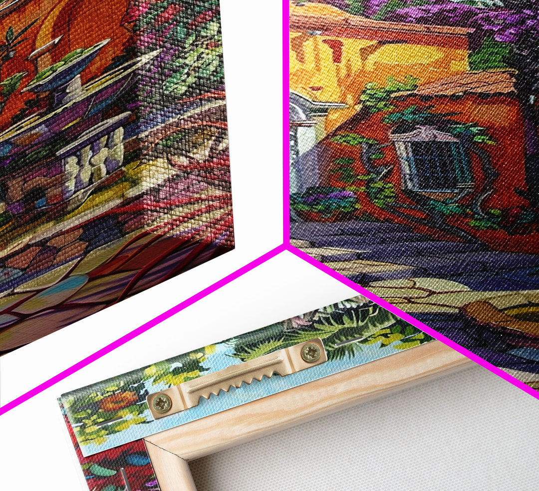 Vibrant Mexican Style Architecture Framed Canvas Print Tall Art Featuring Colorful Homes And Nature