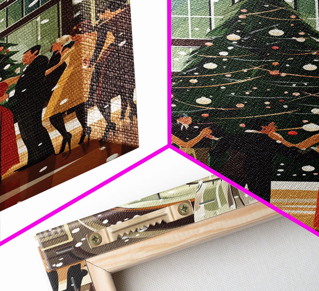 Vintage Christmas Dance in Grand Hall with Snow Falling and Large Decorated Christmas Tree, Ideal Holiday Art, Framed Canvas Print