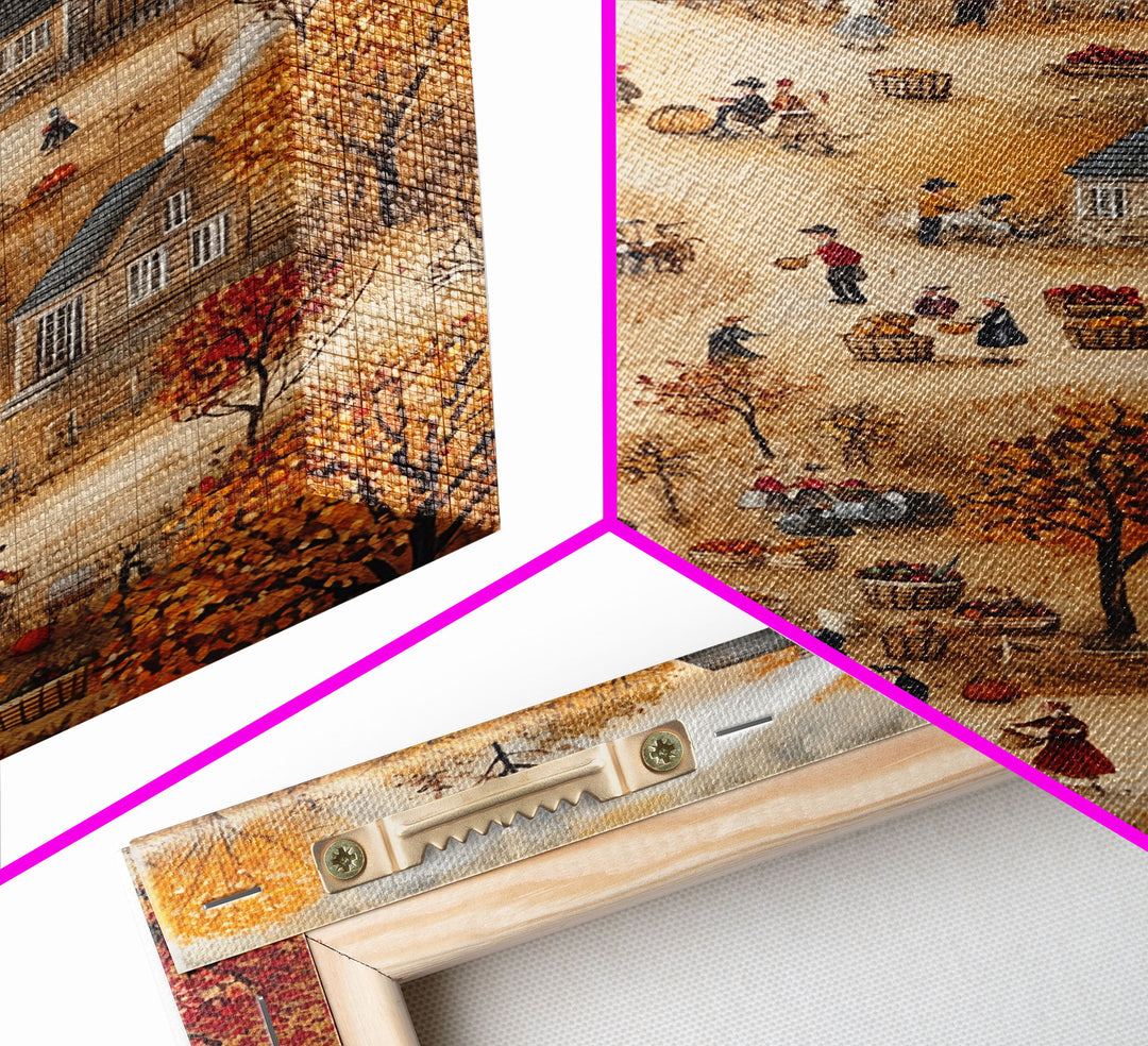 Folk Art Harvest Scene with Autumn Colors and Cozy Farm Activities, Perfect for Framed Canvas Print and Seasonal Wall Decor