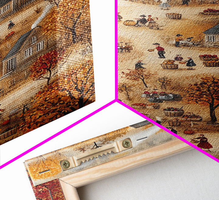 Folk Art Harvest Scene with Autumn Colors and Cozy Farm Activities, Perfect for Framed Canvas Print and Seasonal Wall Decor