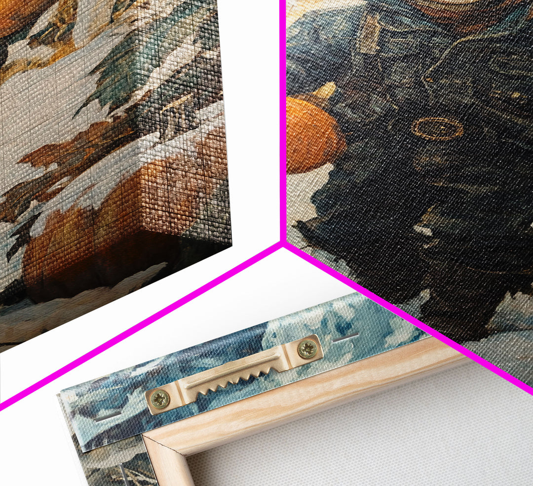 Cowboy Christmas Decor Framed Canvas Print with Pumpkin in Snow, Rustic Holiday Home Wall Art and Seasonal Gift Idea 2024