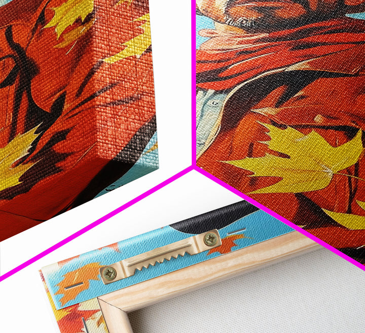 Autumn Cowboy Holiday Decor Framed Canvas Print with Leaves, Colorful Seasonal Wall Art Gift Idea 2024