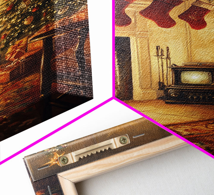 Nostalgic Christmas Living Room Scene Framed Canvas Print With Vintage Fireplace And Tree, Warm Holiday Wall Art Christmas Decor
