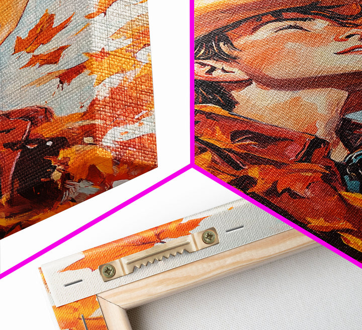 Cowboy Fall Decor Canvas Print with Windblown Leaves, Rustic Farmhouse Autumn Holiday Wall Art Seasonal Gift Idea 2024