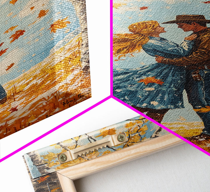 Romantic Fall Couple Framed Canvas Print - 2024 Autumn Love Country Cowboy Art Gift Idea for Fall Home Decor