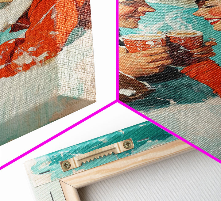 Cozy Couple Hot Cocoa Framed Canvas Print - Retro Vintage Christmas Art 2024 Christmas Decor Perfect for Holiday Wall Art